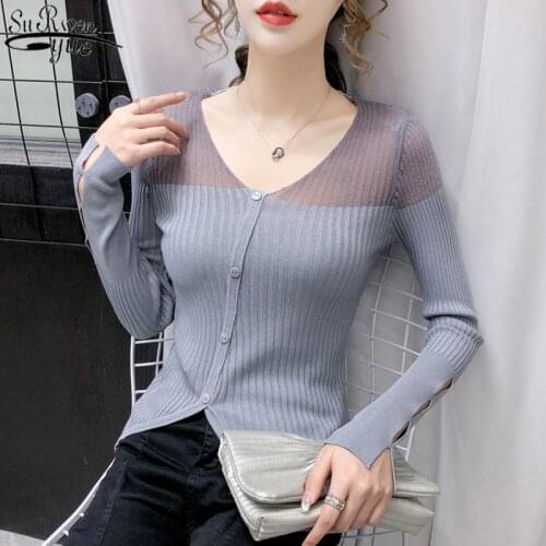 V-neck Korean Sweater 2021 Autumn Wool Long Sleeve Women Sweater Office Lady Hollow Sunscreen Slim Women Cardigans10601
