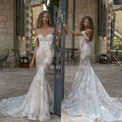 Illusion Lace Mermaid Wedding Dresses Off Shoulder Appliques Bridal Gowns Backless Sweep Train robes de mariée