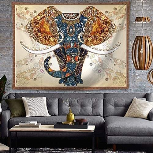Mandala Bohemian Psychedelic Bless Elephant with Colorful Diamonds Indian Tapestry Wall Hanging