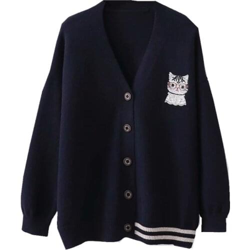 Adomoe Female Cat Embroidery Cute Sweaters Preppy Style High school Girls Casual Loose Kawaii Cartoon Lovely Sweater for Women