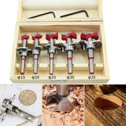 JUSTINLAU 5Pcs Forstner Drill Bit Set 15 20 25 30 35mm Wood Auger Cutter Hex Wrench Woodworking Hole Saw For Power Tools