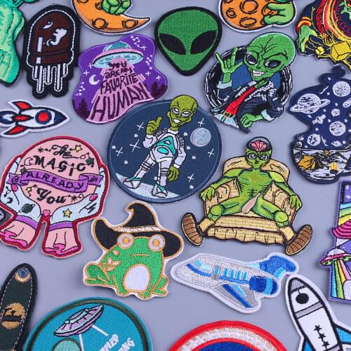Alien Space Iron On Patches For Clothing Thermoadhesive Patches On Clothes Astronaut Planet Appliqued Stripes UFO Patch For Kids