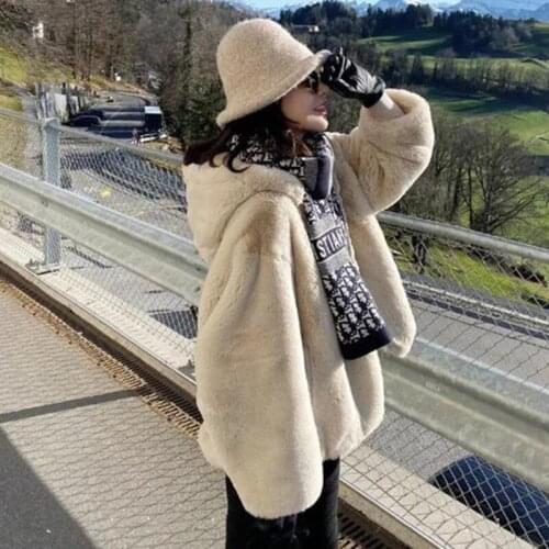 2021 New Autumn Winter Fur Coat Thick Faux Rabbit Coat Hooded Mid-length Overcoat Casual Warm Womens Clothing