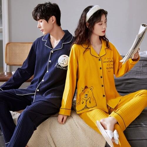 New couple pajamas spring and autumn cotton long-sleeved pajamas cartoon cardigan lapel ladies home service men’s pajamas set