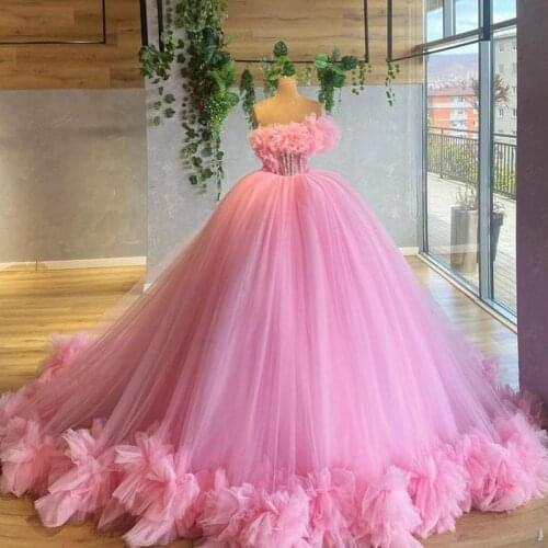 Princess Pink Puffy Quinceanera Dresses Ball Gown Pearls Strapless Tulle Prom Gowns Ruffles Custom Made Formal Party Wears