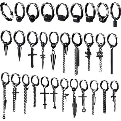 Punk Black Stainless Steel Hoop Earrings For Men Women 2021 Trendy Small Cross Round Geometry Hip Hop Piercing Jewelry Earrings