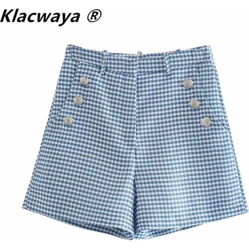 Klacwaya Women 2020 Fashion Plaid Shorts Vintage High Waist Side Zipper Chic Button Becoration Female Short Ropa Mujer