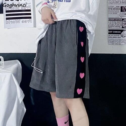 Shorts Women Japanese Elastic Waist Knee-length Loose Summer Trendy Retro Corduroy Heart-printed Patchwork Chic Workout Harajuku
