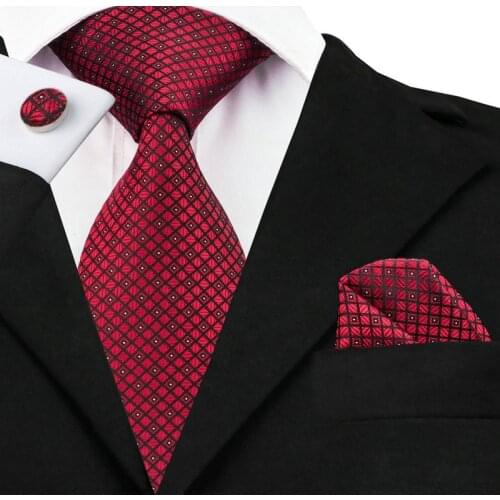 SN-704 Dark Red and Bright Red Plaid Tie Hanky Cufflinks Sets Mens Silk Ties for Men Formal Wedding Party Groom Gravata 2018