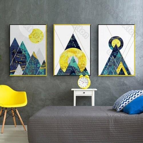 Modern Canvas Painting Poster Abstract Art Geometric Patterns Circles Triangles with Yellow Green Colors for Home Room Wall Deco