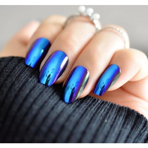 Super Holographice Coffin Nails Mirror Blue Chrome Sparkly Ballerina Fake Nails Medium Size Manicure Tips with Glue sticker