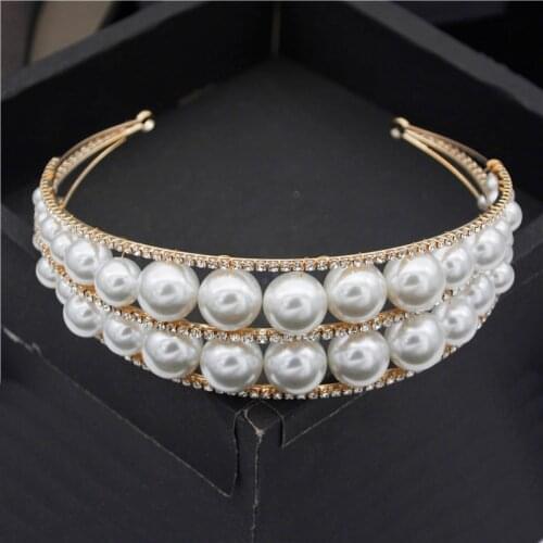 Royal Queen Luxury Tiaras Handmade Rhinestone Pearls Headbands for Women Bridal Wedding Crown Hair Jewelry Princess Headdress