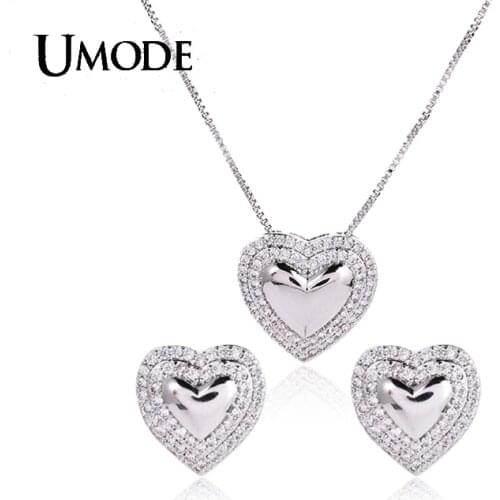 UMODE Heart-Shaped Jewelry Set for Women Cute CZ Stud Earrings and Chain Pendant Necklaces Wedding Accessories Gifts US0140
