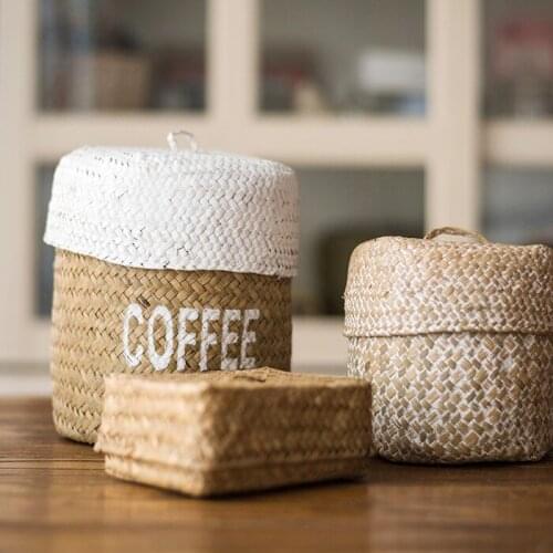 Zakka Natural Seaweed handmade storage basket with lid home storage organization food sundries fruit basket kitchen organizer