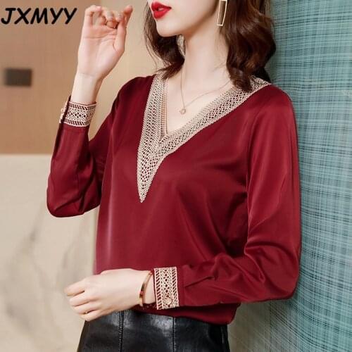 V-neck blouse womens early spring 2021 new style foreign style lace hollow quality wild thin long-sleeved chiffon shirt JXMYY