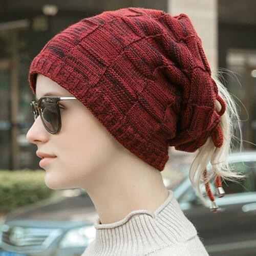 Womens Fashion Hat Outdoor Bandage Beanies Knitted Hat two ways use Sportswear Solid Hat Plaid Women Beanies Winter