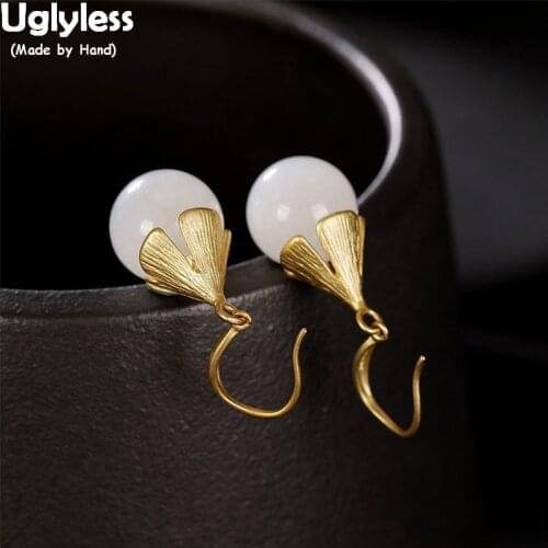 Uglyless Fashion Simple Gemstone Balls Earrings for Women 925 Sterling Silver Gold Gemstone Earrings Natural Jade Brincos Bijoux