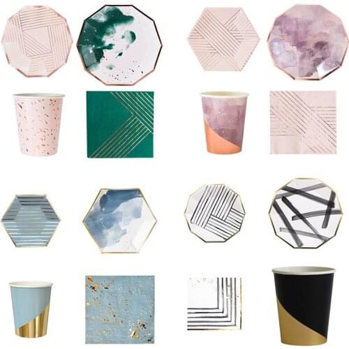 Champagne Rose Gold Party Plates Cups Disposable Tableware Paper Straw Wedding Decor Kids Birthday 1st Baby Shower Party Supplie