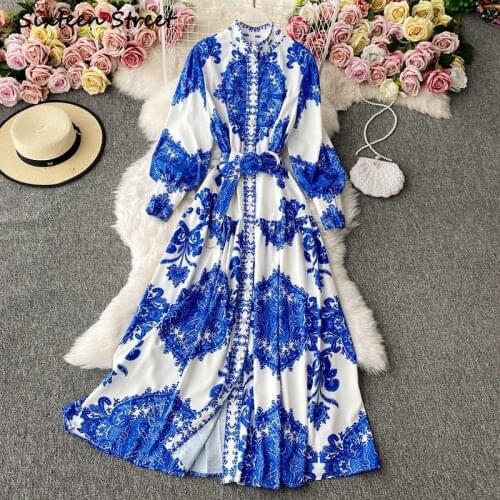 Maxi Dresses for Women Y2k Vintage Clothing Women Autumn Retro Printing Lantern Sleeve High Waist Single Breasted High Quality