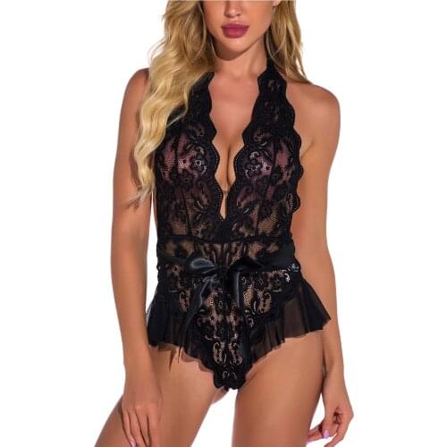 Plus Size Women Sexy Lace One-Piece Lingerie Erotic Deep V Teddy Transparent Mesh Sexy Underwear Backless Lingerie Sex Sleepwear
