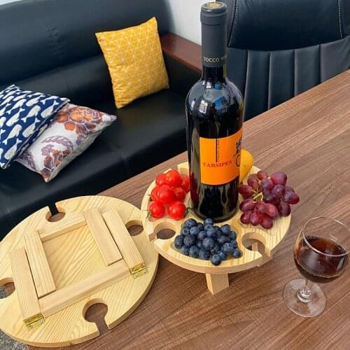 2 in 1 Wine Table Folding Table Wooden Outdoor Picnic Camping Tables with Holder Portable Wine Drinks Glass Rack Table