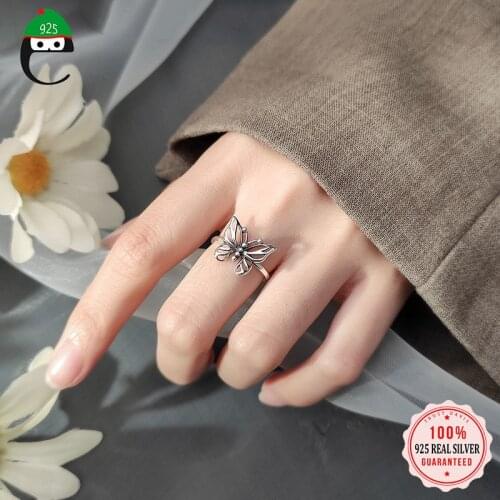 ElfoPlataSi Real 925 Sterling Thai Silver Fashion Insect Butterfly Opening Ring For Women Wedding Party Fine Jewelry Gift DD833