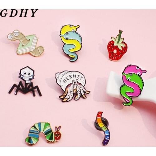GDHY Cute Animal Insect Enamel Pins Brooch worm Bookworm earthworm spider Crab hermit crab strawberry Brooches Lapel Pin Badge