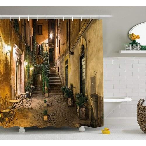 Italian Decor Shower Curtain Old Courtyard in Rome Italy Cafe Chairs City Ambience Houses Street