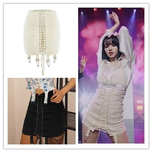 Kpop IU Seo Yea Ji Clubwear New Sexy Punk Irregular Lace-Up Skirt Women Nightclub High Waist Hip Hop Gothic Harajuku Mini Skirts