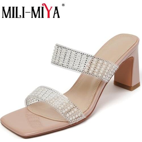 MILI-MIYA High Heel Slippers Summer Woman Pearl Rhinestones Casual Beach Flip Flops Sandals Square Peep Toe Party Dress Shoes