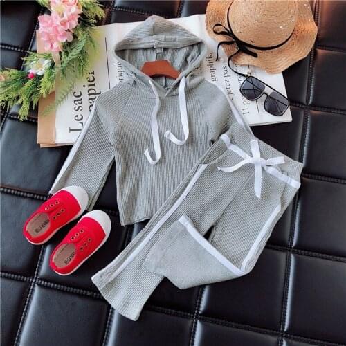 Fashion Baby Girl Ribed Clothes Set Cotton Hooded Shirt+Pant 2PCS Autumn Spring Toddler Girl Long Sleeve Clothing Set 1-7 Years