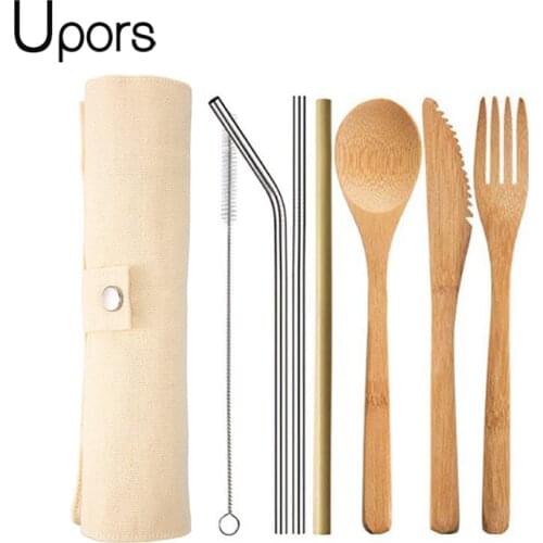 UPORS Natural Bamboo Cutlery Set Reusable Wooden Cutlery Fork Spoon Knife Set with Cutlery Bag for Travel Tableware Utensil Set