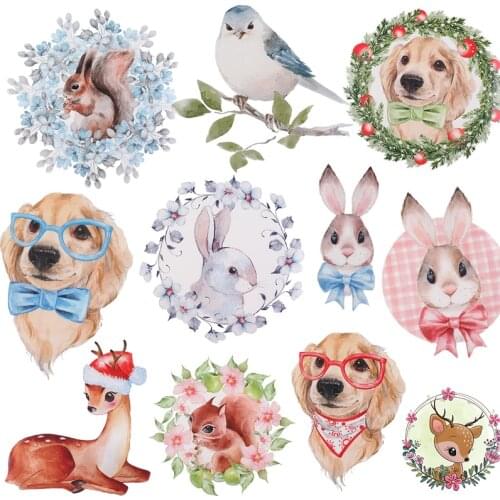Cartoon Animal Flower Patches On Clothes Cute Small Animals Heat Transfers Vinyl Patch Dog Rabbit Iron On Transfer For Clothing