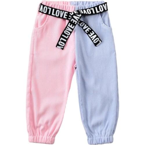 2021 New Child Girls Casual Color Blocked Trousers Pants Fashion Bloomers Autumn Kids Clothing Trousers With Belt 2-6Y