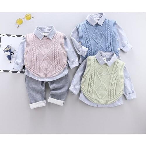 2021 Autumn New Casual Kids Suit Childrens Suit Cotton Boys Long-sleeve Shirt Sweater Vest Trousers 3Pcs Baby Clothes 0-4 Years