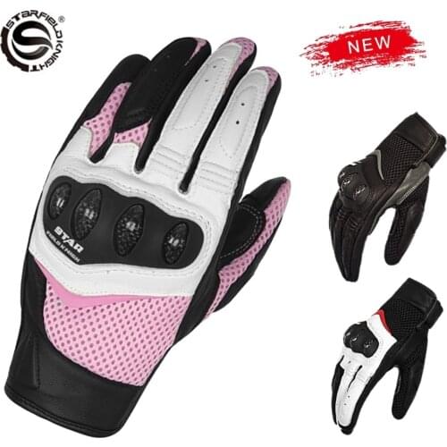 Carbon Fiber Breathable Perforated Leather Gloves Motorcycle Women Pink Black Summer Scooter MTB Gloves Riding Motocross Bike
