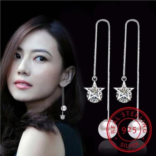 Luxury 925 Sterling Silver Ear Line Zirconia Star Pearl Long Tassel Drop Earrings For Women brincos pendientes S-E280