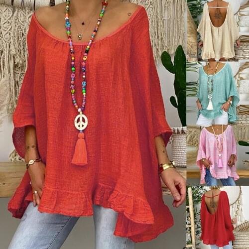 Women Cotton Linen Shirt Summer Fashion Ruffle Solid Color Loose Oversize O-Neck Tops Casual Female 3/4 Sleeve Blouse Pullover