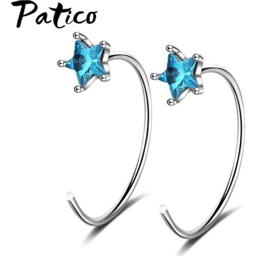 Blue Crystal Stars Earrings Female 925 Sterling Silver Wave Earrings Korean Temperament Geometric Ear Hook Women