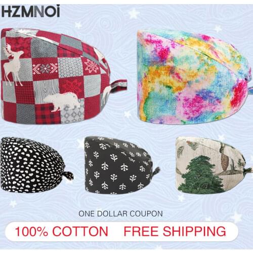 New Style 100% Cotton Floral Print Female Nurse Cap Surgeon Surgical Cap Dentist Cap Kitchen Beauty Salon Adjustable Scrub Cap