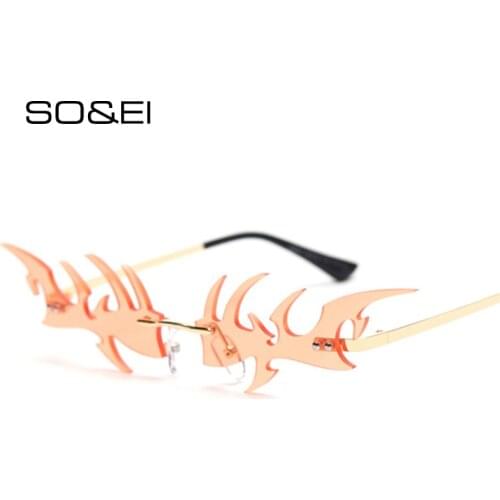 SO&EI Fashion Unique Rimless Fishbone Shape Women Sunglasses Clear Ocean Lens Eyewear Vintage Cat Eye Sun Glasses Shades UV400