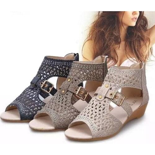 2021 Womens Wedge Sandals Ladies Fish Mouth Hollow Roma Summer Shoes Fashion Casual Non-slip Crystal Bling Footwear