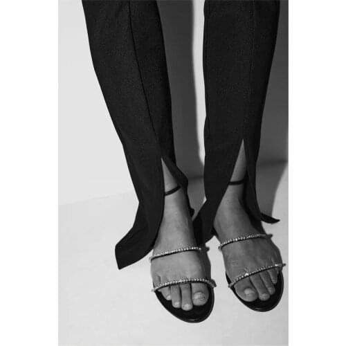 Bailamos Women Sandals 2021 New Ankle Sandals Black Flat with Two Word Belt T Strap Crystal Sandals For Female