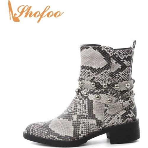 Snake Prints Woman Ankle Boots High Chunky Heels Round Toe Booties Zip Large Size 15 16 Ladies Fashion Rivets Strap Shoes Shofoo