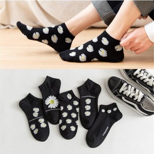 5 Pair/Lot RANMO Women Summer Boat Invisible Little Daisy Black Socks