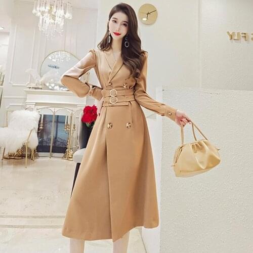 Womens Autumn Temperament V-Neck Double-Breasted High Waist Long Suit Dress OL