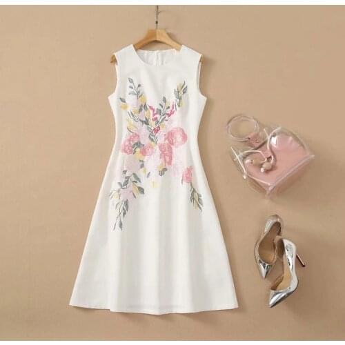 High Quality White Dress 2021 Summer Style Women O-Neck Lurex Embroidery Floral Sleeveless Mid-Calf Length A-Line Dress Vestidos