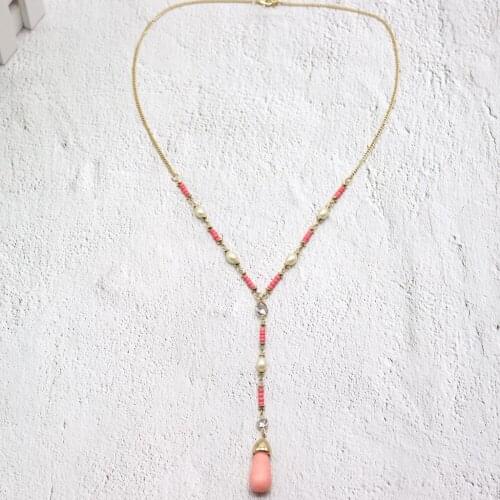 2017 New pink stone Y shape pearl beads water drop acorn pendant simple necklace women