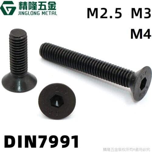 50pcs Hexagon Socket Flat Countersunk Head Screw Grade 10.9 M2.5 M3 Hex Socket Bolts Machine Screw DIN7991