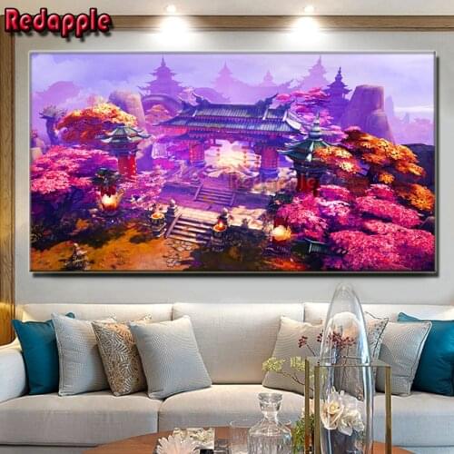 5D Full Square Round Drill Diamond Embroidery Majestic castle Scenery Mosaic Diy Diamond Painting pink tree garden large Decor